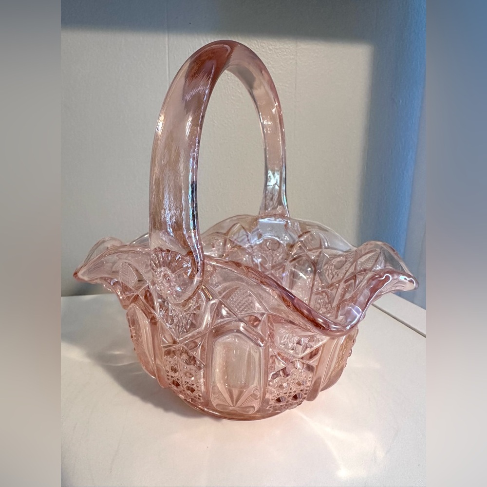 Vintage LE Smith Iridescent PINK Glass Basket with Handle